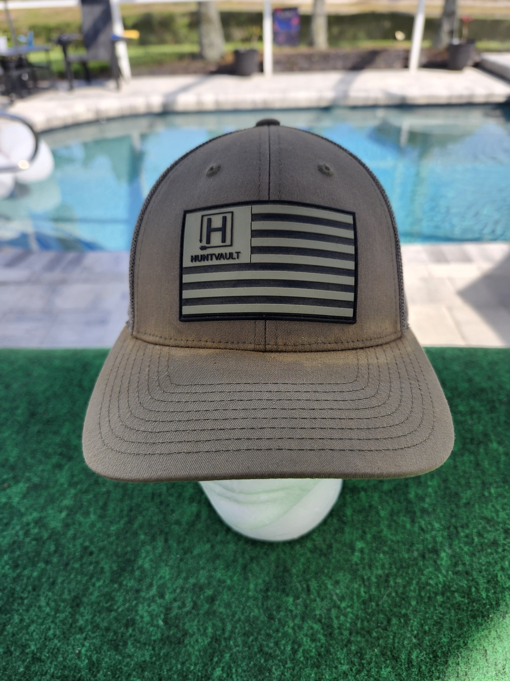 HuntVault Flag Patch Trucker Hat in Olive